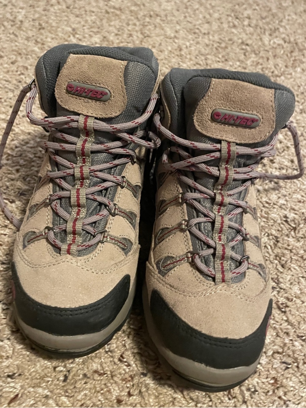 Hi-Tec Tan Suede Hiking Boots with Gray and Red Accents
